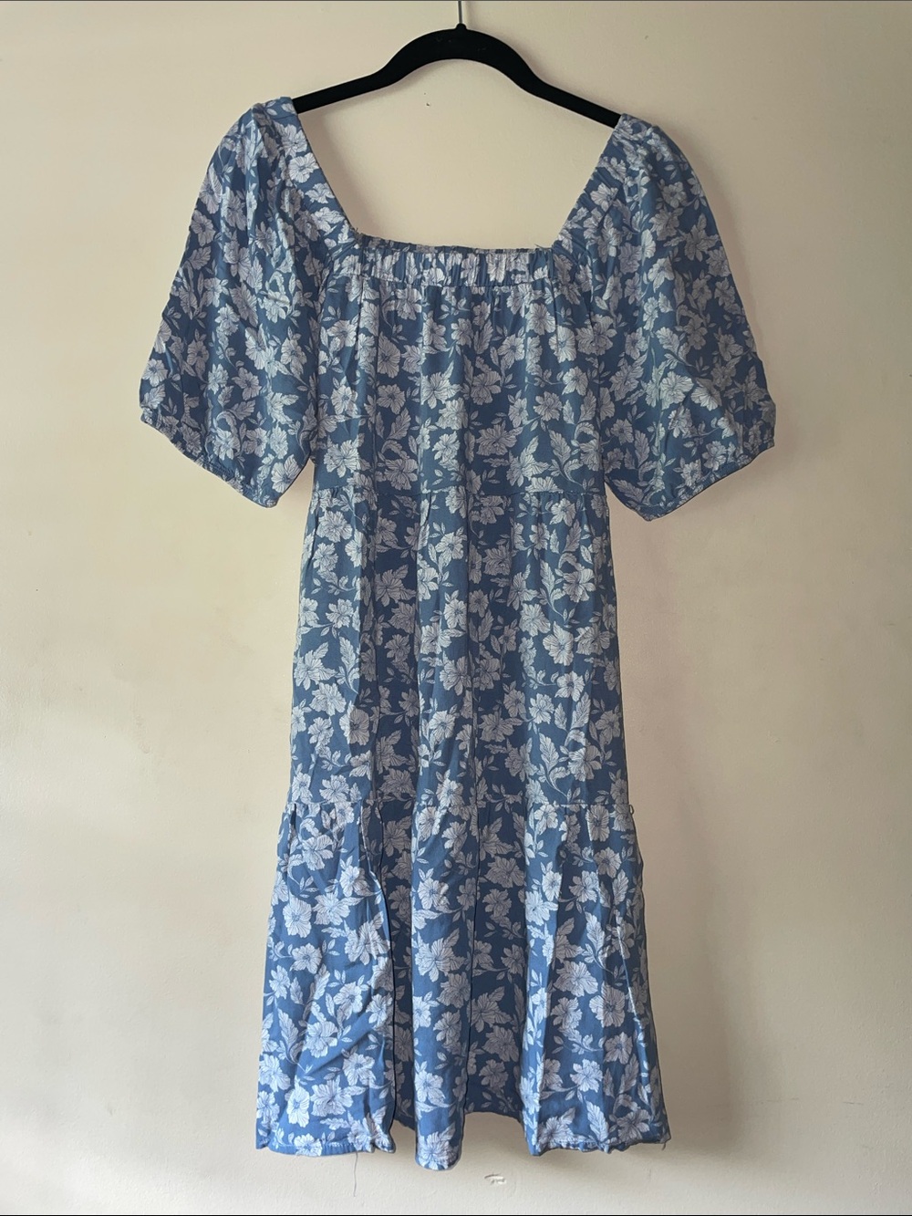 Blue and White Midi Sundress with Smocked Bodice and Puff Sleeves